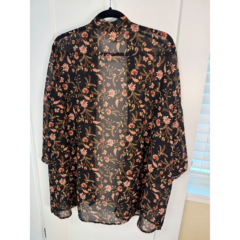 Davina Floral Kimono Wrap Black Sheer Chiffon Open Front Cardigan Plus Size 1X - Picture 4 of 6
